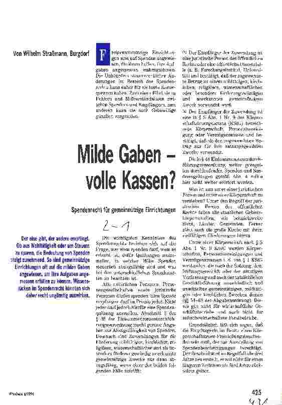 Vorschauseite 1: Milde Gaben - volle Kassen? Spendenrecht für gemeinnützige Einrichtungen