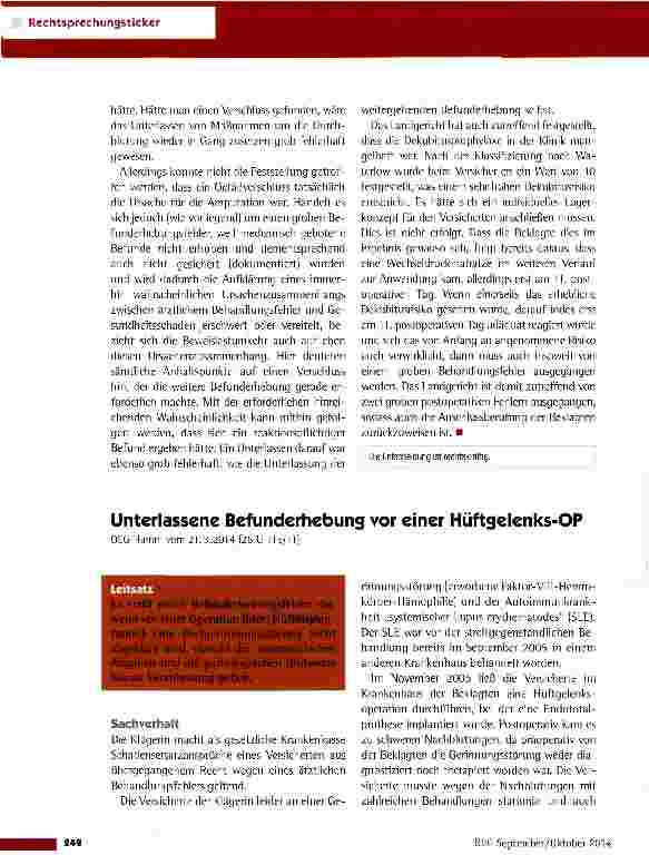 Vorschauseite 1: Unterlassene Befunderhebung vor einer Hüftgelcnks-OP OLG Hamm vom 21.3.2014 (26 U 115/11)