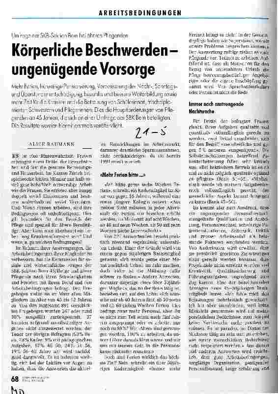 Vorschauseite 1: Körperliche Beschwerden - ungenügende Vorsorge Umfrage der SBK-Sektion Bern bei älteren Pflegenden