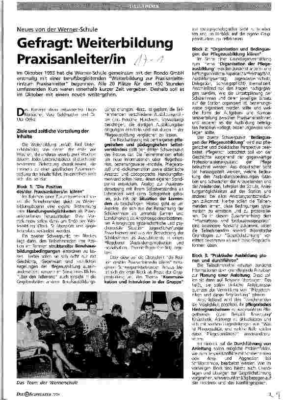 Vorschauseite 1: Gefragt: Weiterbildung Praxisanleiter/in (PA) Neues von der Werner-Schule