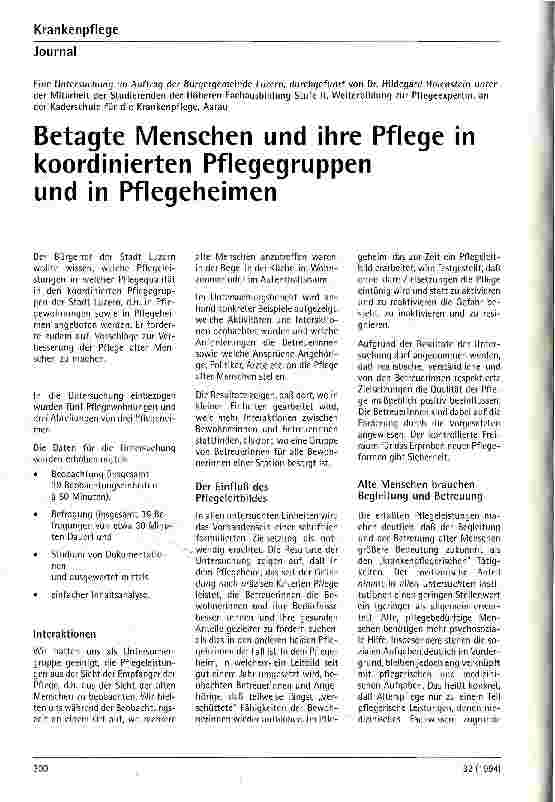 Vorschauseite 1: Betagte Menschen und ihre Pflege in koordinierten Pflegegruppen und in Pflegeheimen