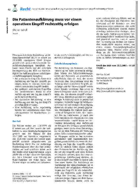 Vorschauseite 1: Die Patientenaufklärung muss vor einem operativen Eingriff rechtzeitig erfolgen Urteil des BGH vom 25.3.2003
