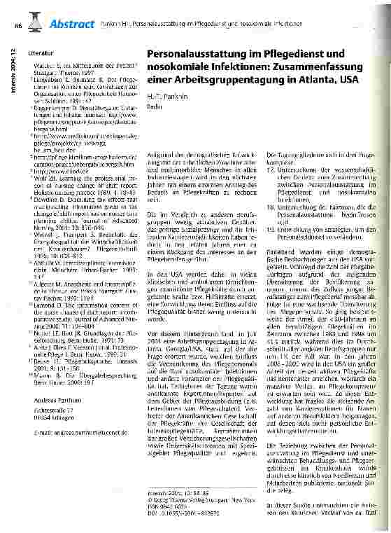 Vorschauseite 1: Personalausstattung im Pflegedienst und nosokomiale Infektionen: Zusammenfassung einer Arbeitsgruppentagung in Atlanta, USA