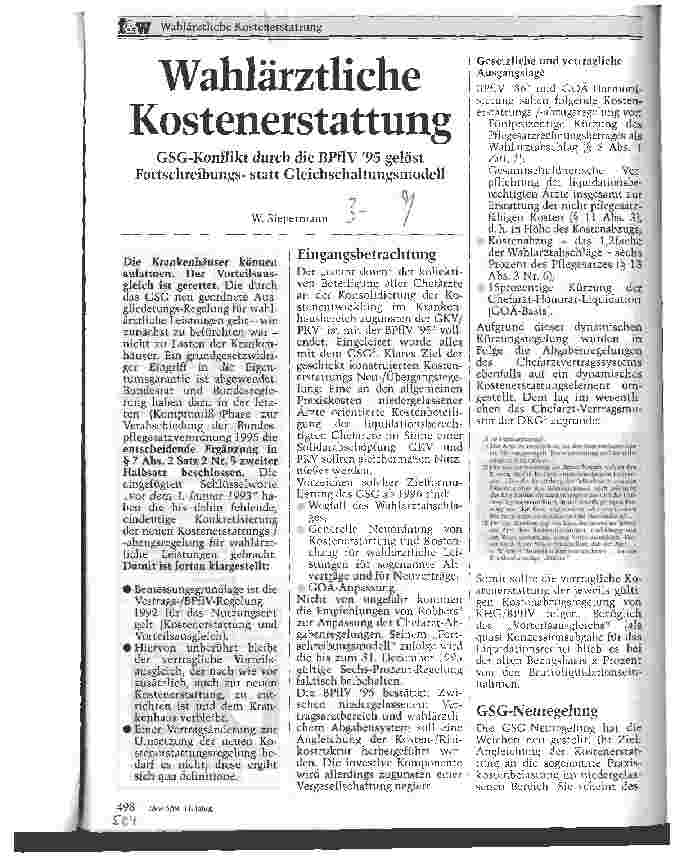 Vorschauseite 1: Wahlärztliche Kostenerstattung GSG-Konflikt durch die BPflV 95 gelöst Fortschreibungsstatt Gleichschaltungsmodell