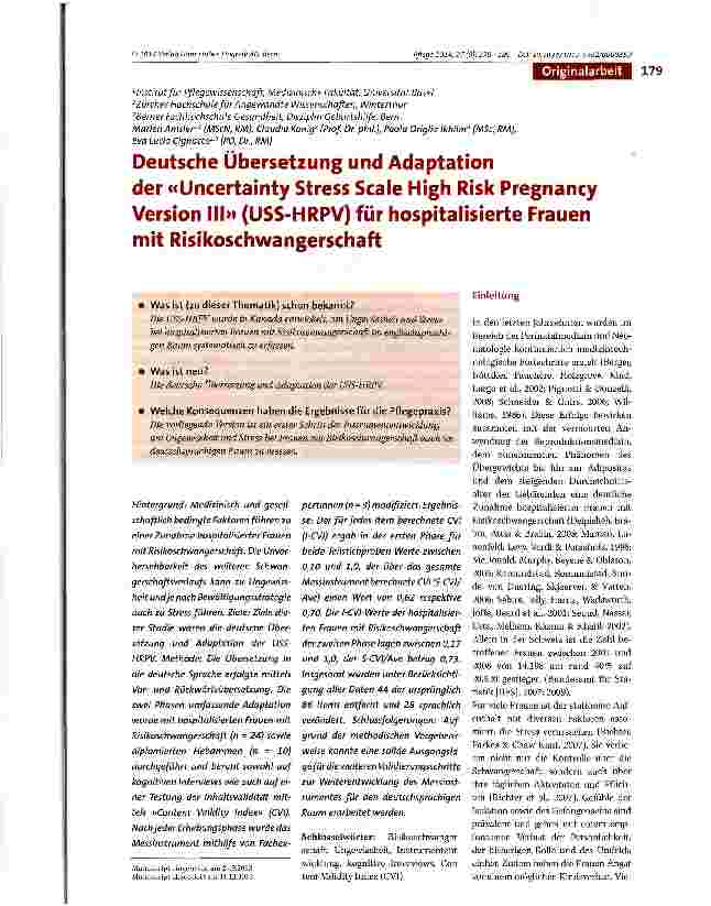 Vorschauseite 1: Deutsche Übersetzung und Adaptation der «Uncertainty Stress Scale High Risk Pregnancy Version III» (USS-HRPV) für hospitalisierte Frauen mit Risikoschwangerschaft