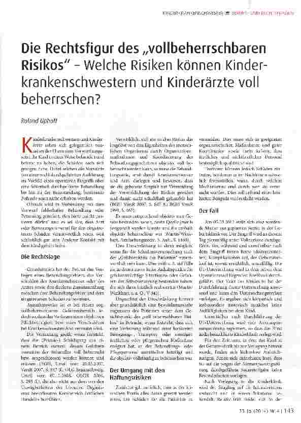Vorschauseite 1: Die Rechtsfigur des „vollbeherrschbaren Risikos - Welche Risiken können Kinderkrankenschwestern und Kinderärzte voll beherrschen?
