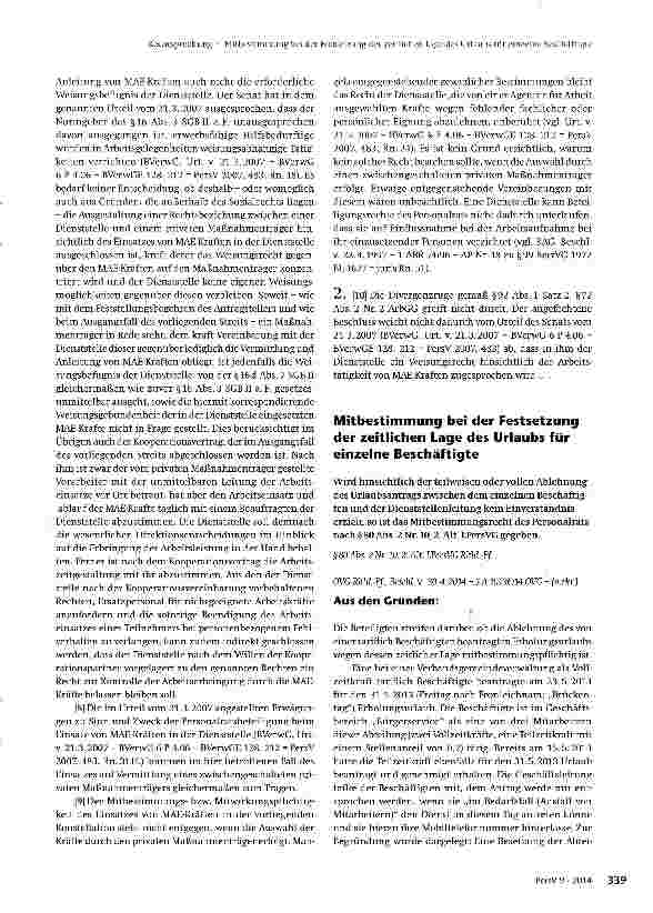 Vorschauseite 1: Mitbestimmung bei der Festsetzung der zeitlichen Lage des Urlaubs für einzelne Beschäftigte