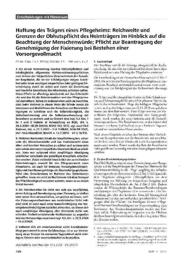 Vorschauseite 1: Haftung des Trägers eines Pflegeheims: Reichweite und Grenzen der Obhutspflicht des Heimträgers im Hinblick auf die Beachtung der Menschenwürde; Pflicht zur Beantragung der Genehm…
