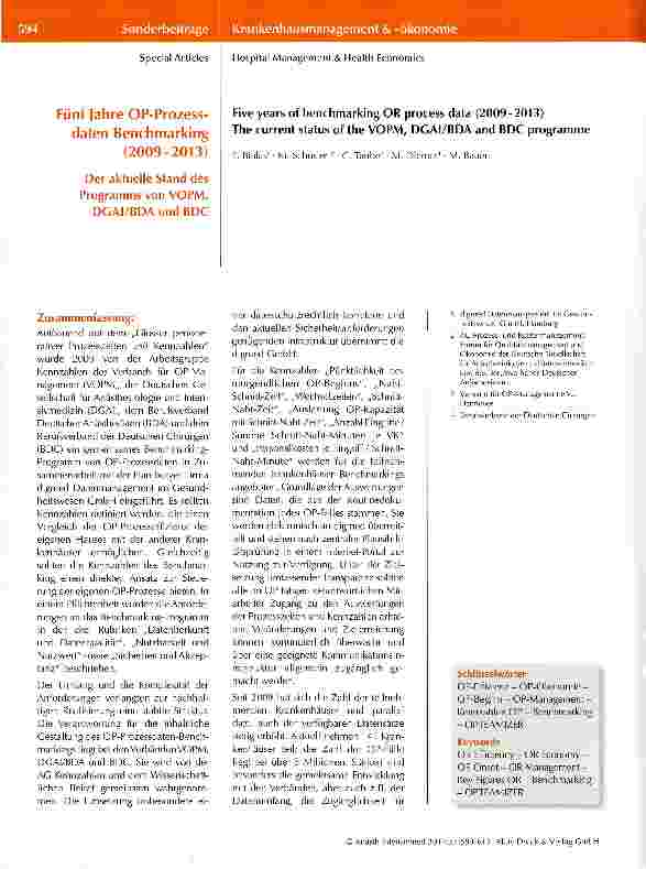 Vorschauseite 1: Fünf Jahre OP-Prozessdaten Benchmarking (2009-2013) Der aktuelle Stand desProgramms von VOPM, DGAI/BDA und BDC