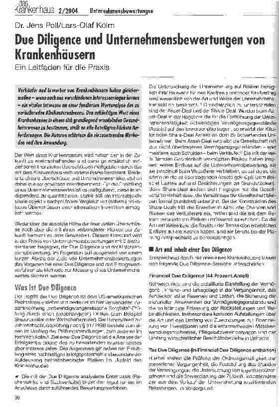 Vorschauseite 1: Due Diligence und Unternehmensbewertungen von Krankenhäusern Ein Leitfaden für die Praxis