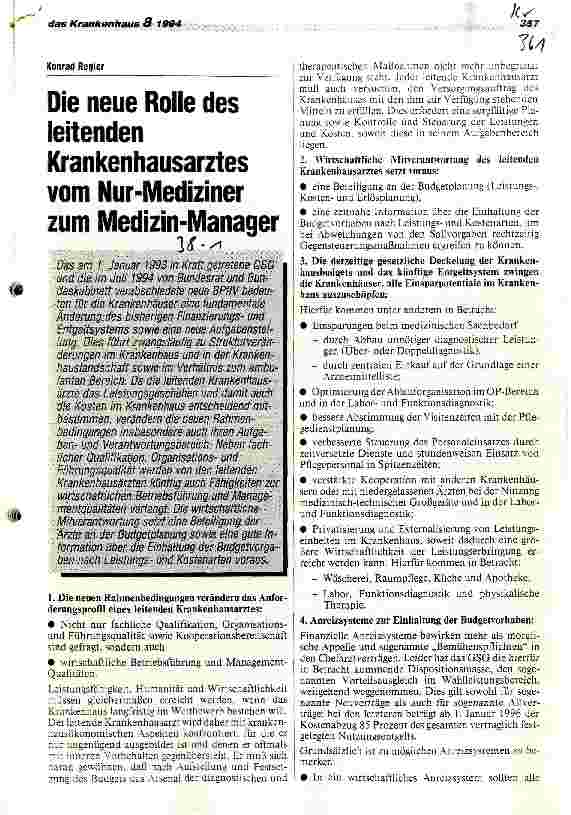Vorschauseite 1: Die neue Rolle des leitenden KhArztes vom Nur-Mediziner zum Medizin-Manager