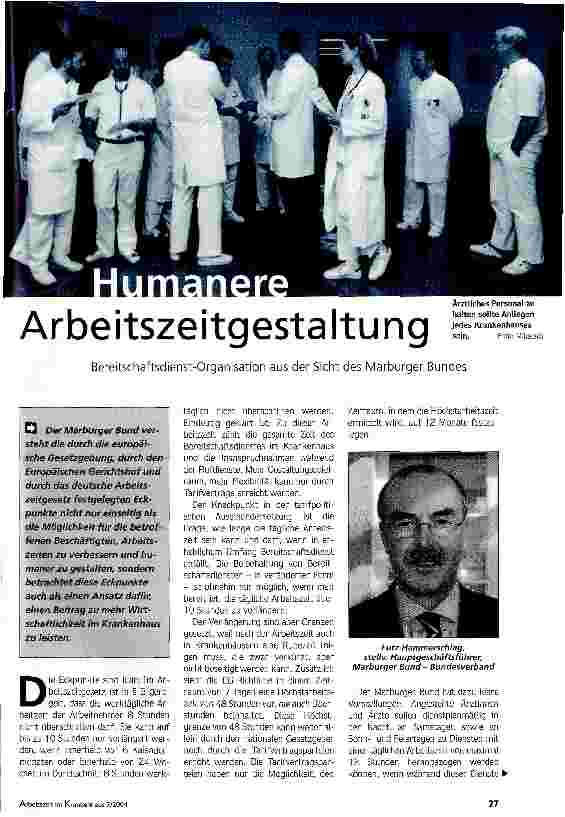 Vorschauseite 1: Humanere ArbeitszeitgestaltungBereitschaftsdienst-Organisation aus der Sicht des Marburger Bundes