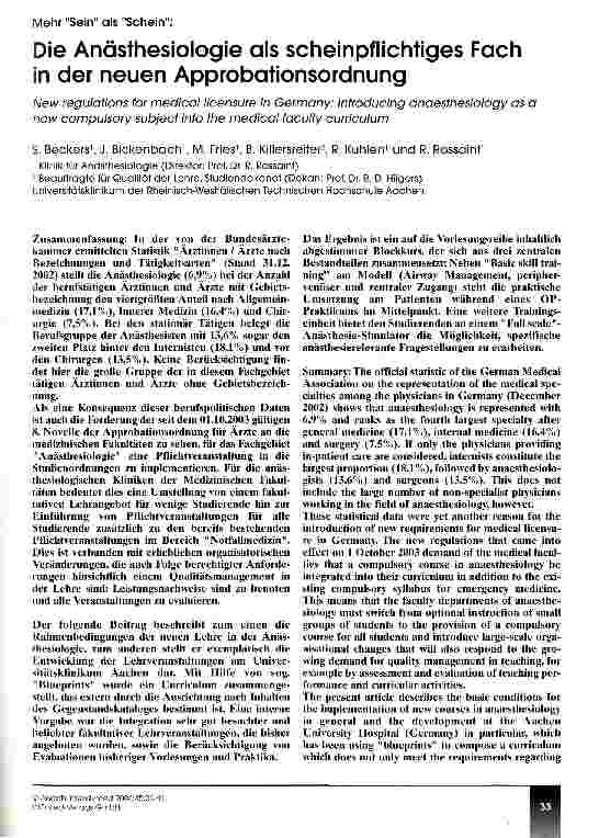 Vorschauseite 1: Die Anästhesiologie als scheinpflichtiges Fach in der neuen Approbationsordnung