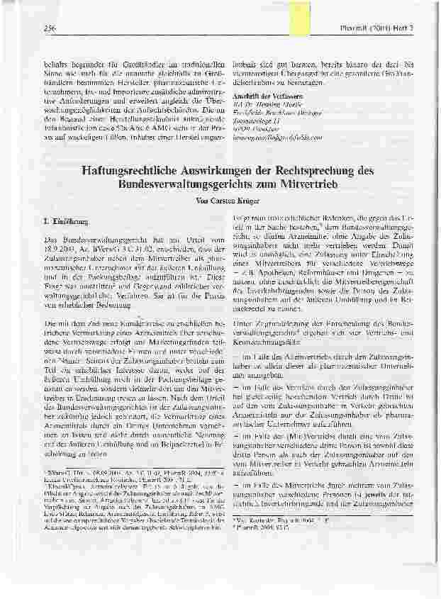 Vorschauseite 1: Haftungsrechtliche Auswirkungen der Rechtsprechung des Bundesverwaltungsgerichts zum Mitvertrieb