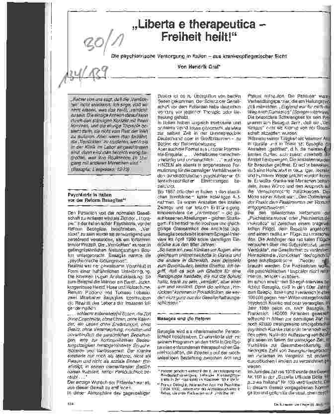 Vorschauseite 1: Liberta e therapeutica - Freiheit heilt!/Die psychiatrische Versorgung in Italien-aus krankenpflegerischer Sicht