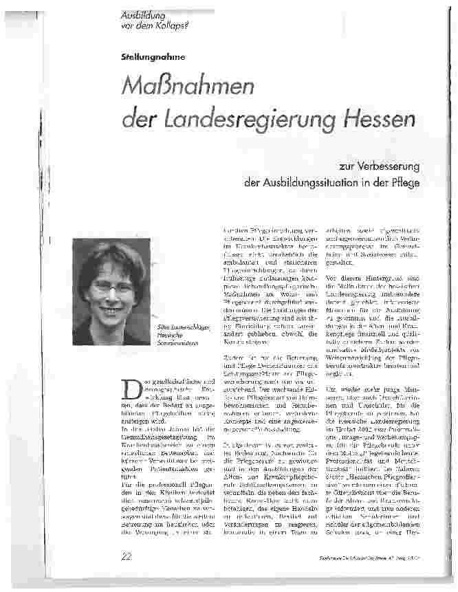 Vorschauseite 1: Maßnahmen der Landesregierung Hessenzur Verbesserung der Ausbildungssituation in der Pflege