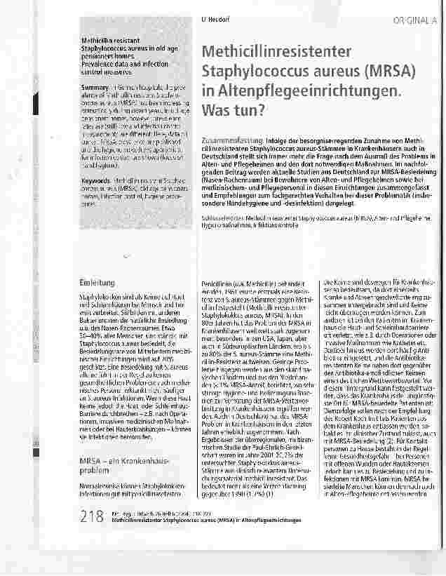 Vorschauseite 1: Methicillinresistenter Staphylococcus aureus (MRSA) in Altenpflegeeinrichtungen. Was tun?
