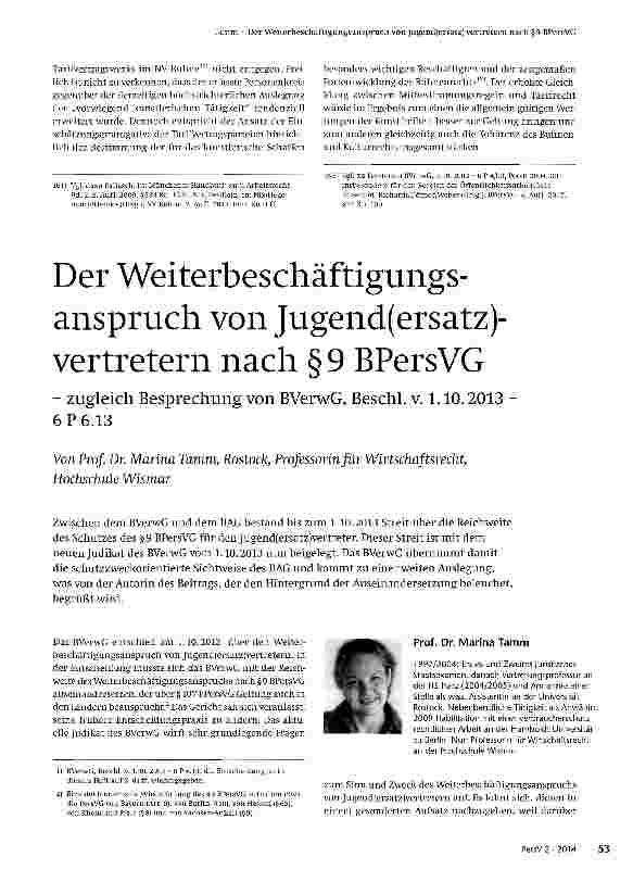 Vorschauseite 1: Der Weiterbeschäftigungsanspruch von Jugend(ersatz)-vertretern nach § 9 BPersVGzugleich Besprechung von BVerwG, Beschl. v. 1. 10. 2013 6 P 6. 13