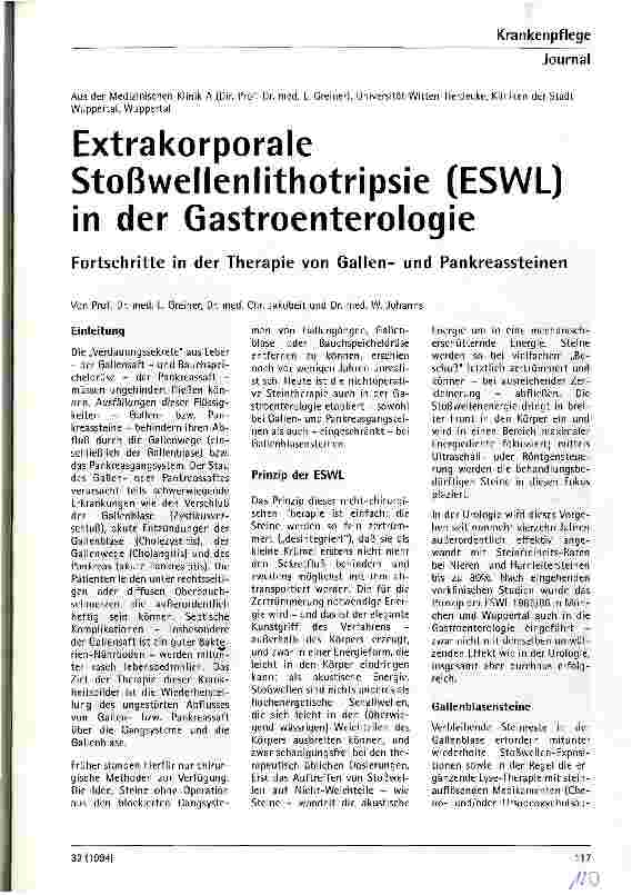Vorschauseite 1: Extrakorporale Stoßwellenlithotripsie in der Gastroenterologie (ESWL) Fortschritte in der Therapie von Gallenund Pankreassteinen