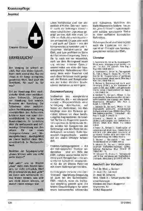 Vorschauseite 4: Extrakorporale Stoßwellenlithotripsie in der Gastroenterologie (ESWL) Fortschritte in der Therapie von Gallenund Pankreassteinen