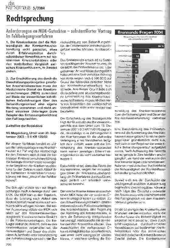 Vorschauseite 1: Anforderungen an MDK-Gutachten - substantiierter Vortrag im Fehlbelegungsverfahren SG Magdeburg, Urteil vom 30. September 2003