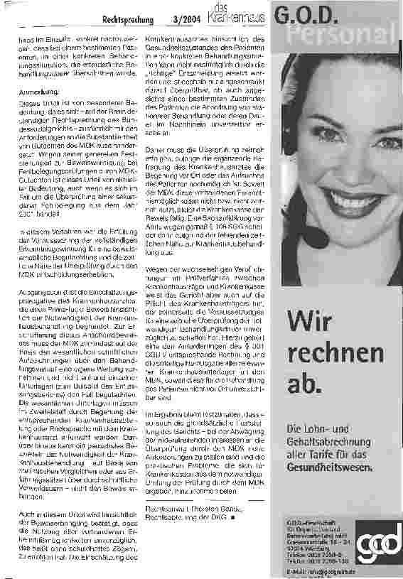 Vorschauseite 2: Anforderungen an MDK-Gutachten - substantiierter Vortrag im Fehlbelegungsverfahren SG Magdeburg, Urteil vom 30. September 2003