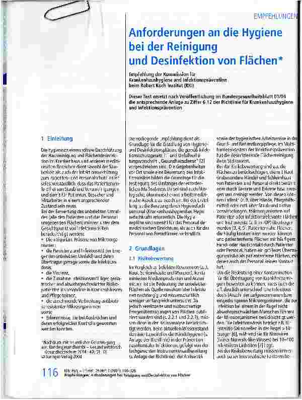 Vorschauseite 1: Anforderungen an die Hygiene bei der Reinigung und Desinfektion von FlächenEmpfehlung der Kommission für Krankenhaushygiene und Infektionsprävention beim Robert Koch-Institut