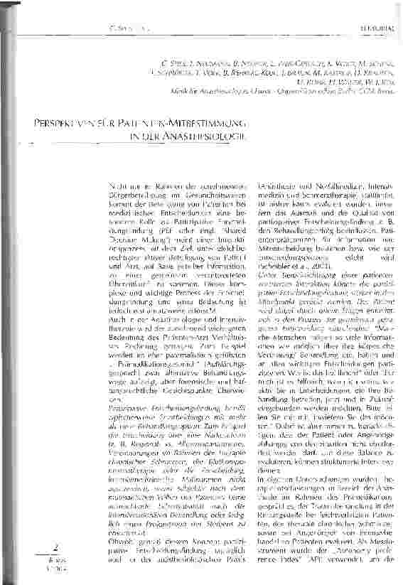 Vorschauseite 1: PERSPEKTIVEN FÜR PATIENTEN-MITBESTIMMUNGIN DER ANÄSTHESIOLOGIE