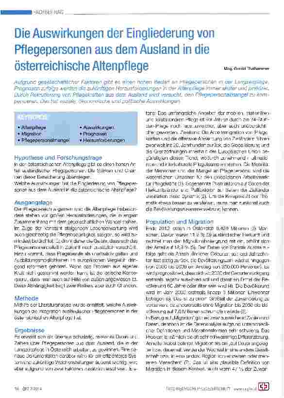 Vorschauseite 1: Die Auswirkungen der Eingliederung von Pflegepersonen aus dem Ausland in die österreichische Altenpflege