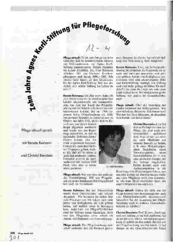 Vorschauseite 1: Zehn Jahre Agnes Karll-Stiftung für Pflegeforschung Pflege Aktuell sprach mit Renate Reimann und Christel Bienstein