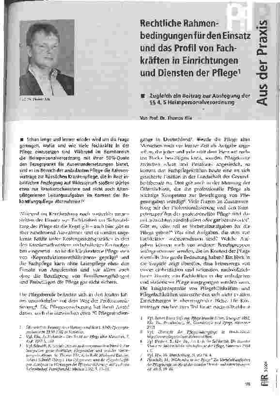 Vorschauseite 1: Rechtliche Rahmenbedingungen für den Einsatz und das Profil von Fachkräften in Einrichtungen und Diensten der Pflege Zugleich ein Beitrag zur Auslegung der §§ 4, 5 Heimpersonalver…