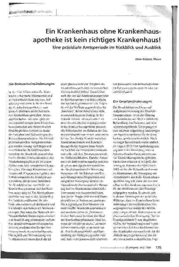Vorschauseite 1: Ein Krankenhaus ohne Krankenhausapotheke ist kein richtiges Krankenhaus! Eine präsidiale Amtsperiode im Rückblick und Ausblick