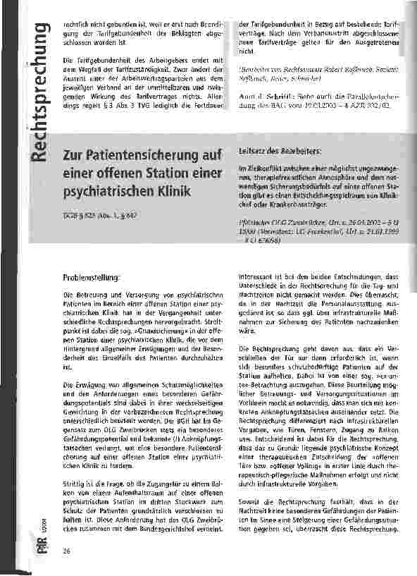 Vorschauseite 1: Zur Patientensicherung auf einer offenen Station einer psychiatrischen Klinik Pfälzisches OLG Zweibrücken, Urt. v. 26.03.2002