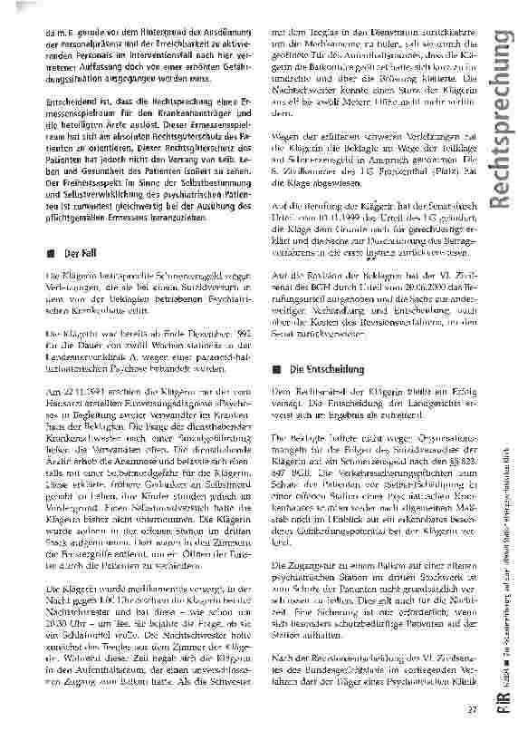 Vorschauseite 2: Zur Patientensicherung auf einer offenen Station einer psychiatrischen Klinik Pfälzisches OLG Zweibrücken, Urt. v. 26.03.2002