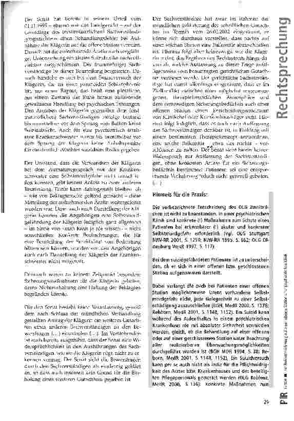 Vorschauseite 4: Zur Patientensicherung auf einer offenen Station einer psychiatrischen Klinik Pfälzisches OLG Zweibrücken, Urt. v. 26.03.2002