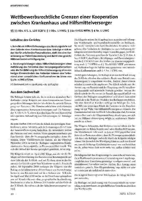 Vorschauseite 1: Wettbewerbsrechtliche Grenzen einer Kooperation zwischen Krankenhaus und Hilfsmittelversorger §§ 33 Abs. 6 S. 1,128 SGB V; § 7 Abs. 1 HWG; § 31a KHGG NRW; § 4 Nr. 1 UWG