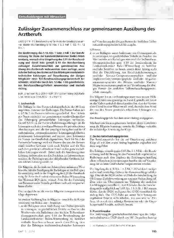 Vorschauseite 1: Zulässiger Zusammenschluss zur gemeinsamen Ausübung des Arztberufs UWG §4 Nr. 11; Berufsordnung für Ärzte der Landesärztekammer Baden-Württemberg