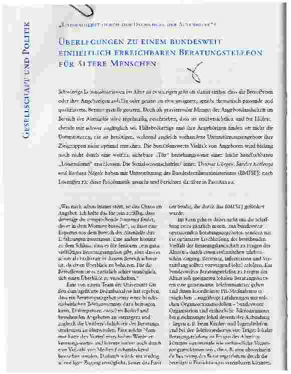 Vorschauseite 1: ÜBERLEGUNGEN ZU EINEM BUNDESWEIT EINHEITLICH ERREICHBAREN BERATUNGSTELEFON FÜR ÄLTERE MENSCHENLOTSENDIENST DURCH DEN DSCHUNGEL DER ALTENHILFE?