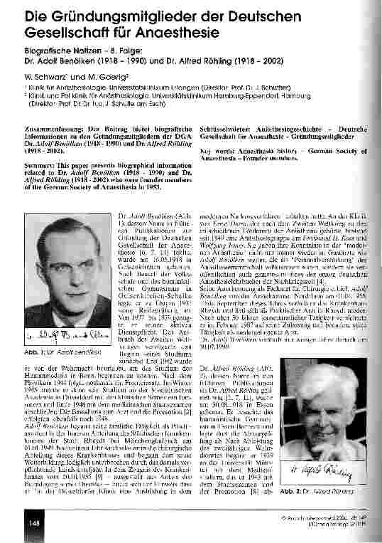 Vorschauseite 1: Die Gründungsmitglieder der Deutschen Gesellschaft für Anästhesie Biografische Notizen - 8. Folge