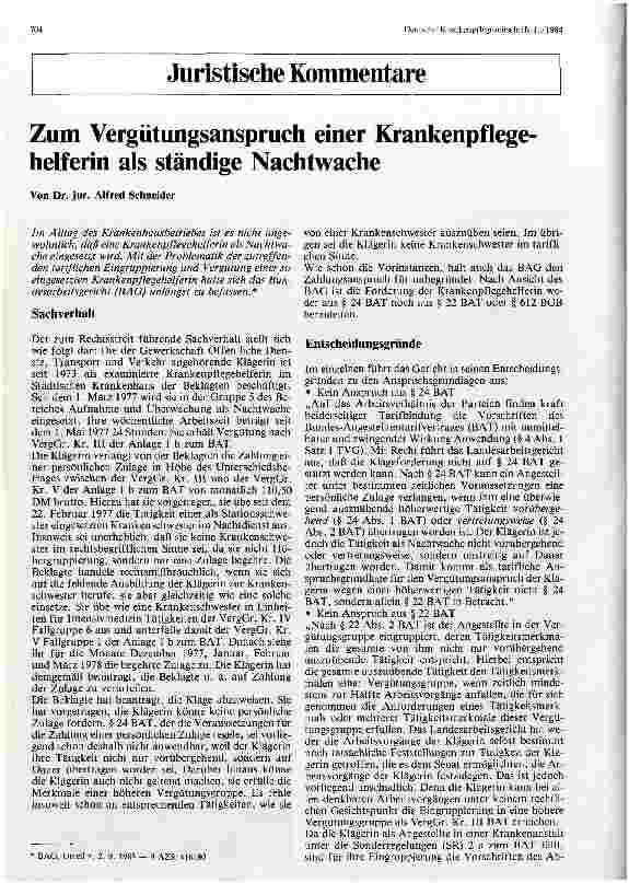 Vorschauseite 1: Zum Vergütungsanspruch einer Krankenpflegehelferin als ständige Nachtwache