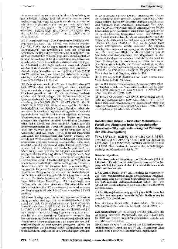 Vorschauseite 1: Gesetzlicher Urlaub - tariflicher Mehrurlaub -Verfall und Abgeltung trotz fortbestehender Krankheit - Tilgungsbestimmung bei Zahlung der Urlaubsabgeltung