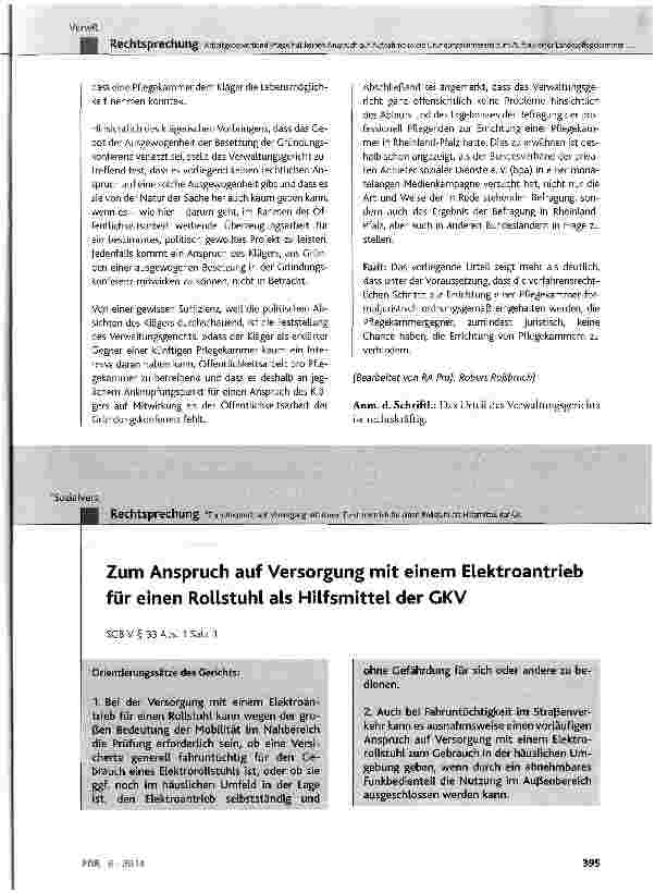 Vorschauseite 1: Zum Anspruch auf Versorgung mit einem Elektroantrieb für einen Rollstuhl als Hilfsmittel der GKV SGB V § 33 Abs. 1 Satz 1