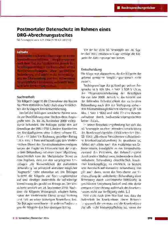 Vorschauseite 1: Postmortaler Datenschutz im Rahmen eines DRG-Abrechnungsstreits SG Neuruppin vom 3.7.2014 (S 20 KR 283/12)