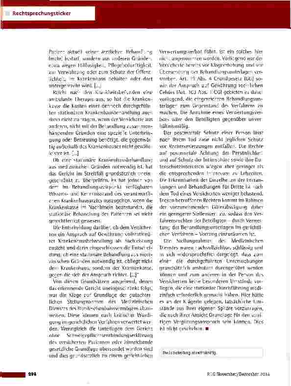 Vorschauseite 2: Postmortaler Datenschutz im Rahmen eines DRG-Abrechnungsstreits SG Neuruppin vom 3.7.2014 (S 20 KR 283/12)