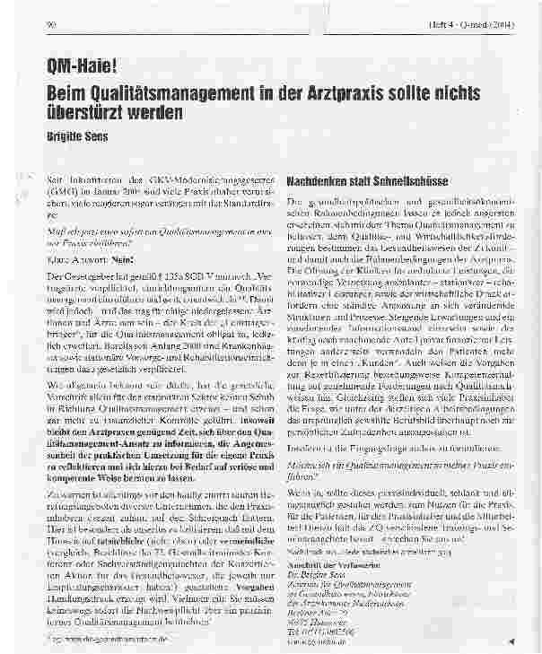 Vorschauseite 1: QM-Haie! - Beim Qualitätsmanagement in der Arztpraxis sollte nichts überstürzt werden