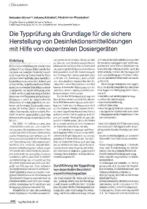 Vorschauseite 1: Die Typprüfung als Grundlage für die sichere Herstellung von Desinfektionsmittellösungen mit Hilfe von dezentralen Dosiergeräten