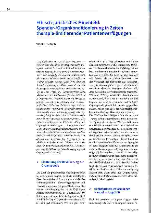Vorschauseite 1: Ethisch-juristisches Minenfeld: Spender-/Organkonditionierung in Zeiten therapie-limitierender Patientenverfügungen