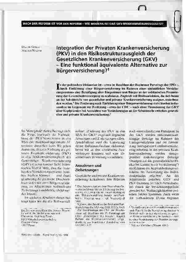 Vorschauseite 1: Integration der Privaten Krankenversicherung (PKV) in den Risikostrukturausgleich der Gesetzlichen Krankenversicherung (GKV) - Eine funktional äquivalente Alternative zur Bürgerve…