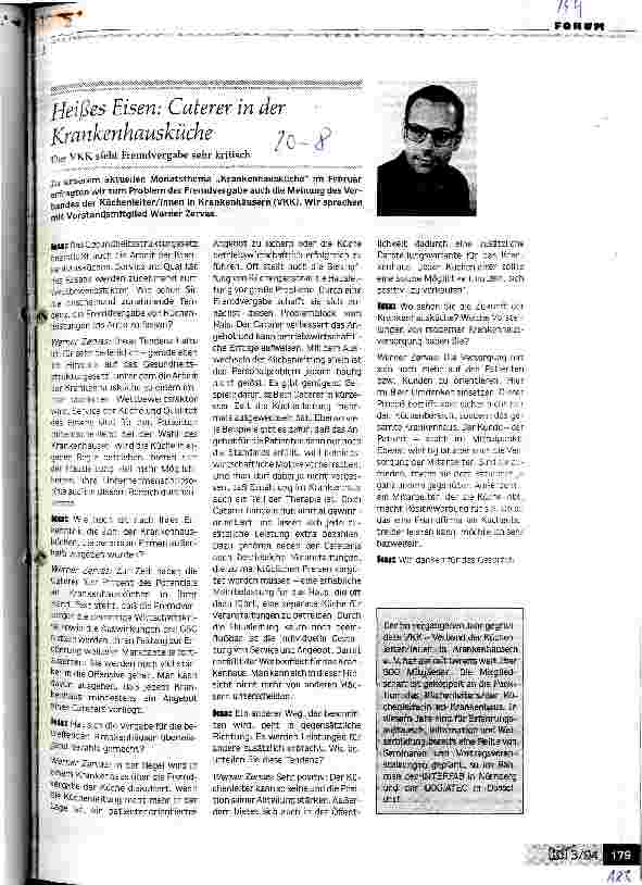 Vorschauseite 1: Heißes Eisen: Caterer in der Krankenhausküche Der VKK sieht Fremdvergabe sehr kritisch Interview mit W. Zervas