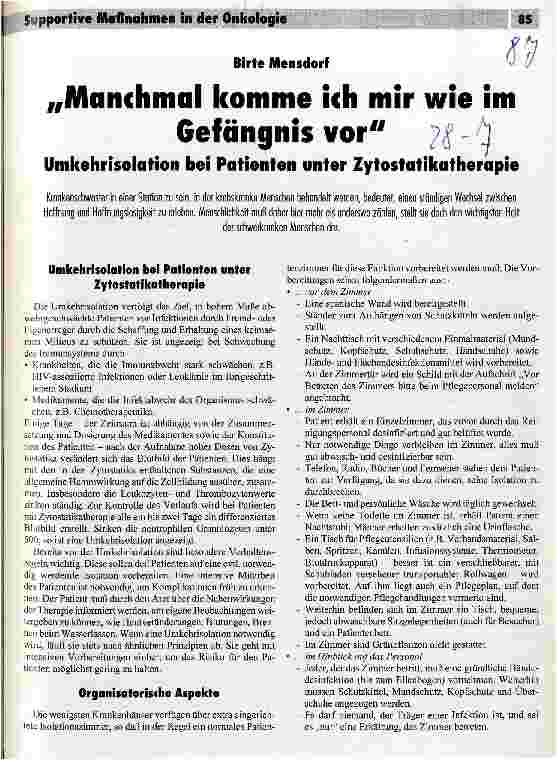 Vorschauseite 1: Manchmal komme ich mir wie im Gefängnis vor Umkehrisolation bei Patienten unter Zytostatikatherapie
